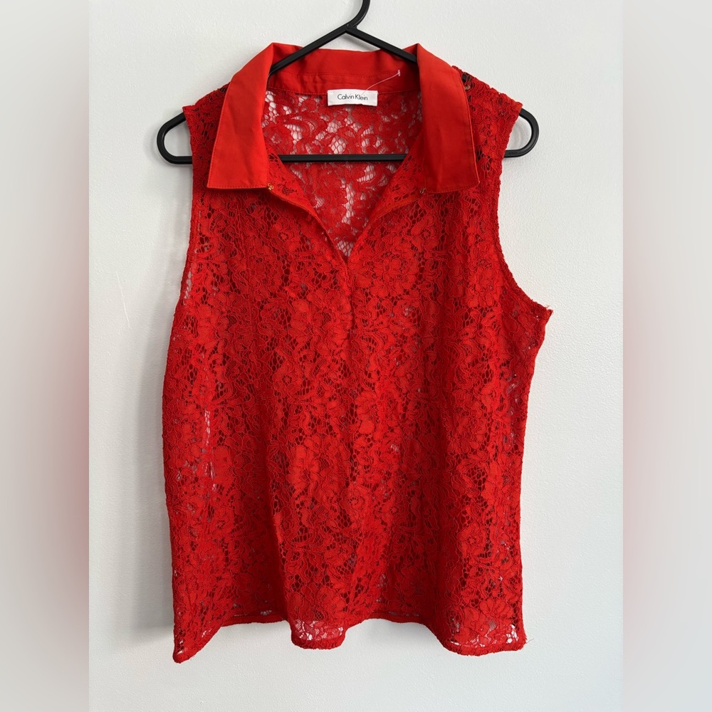 Calvin Klein Red Lace Sleeveless V-Neck Blouse Top